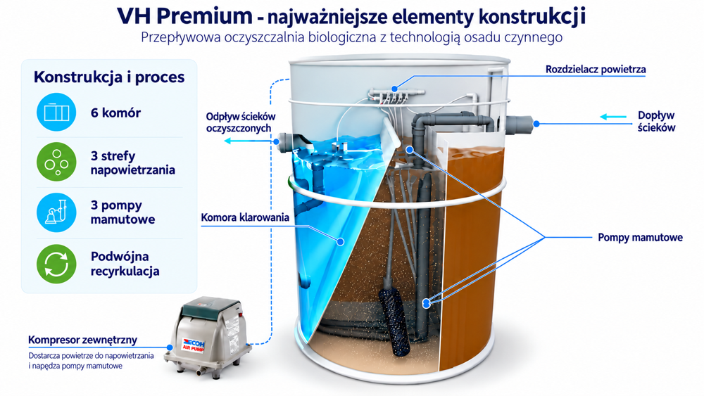 Przekrój oczyszczalni VH Premium z sześcioma komorami
