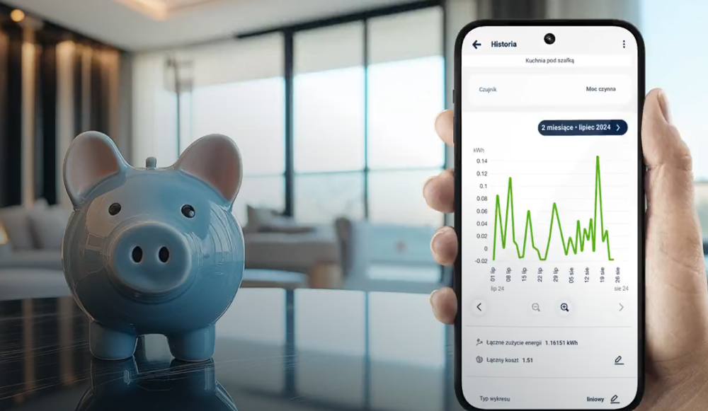 Ekran aplikacji SIMON GO z pomiarem zużycia energii – polski system inteligentnego domu