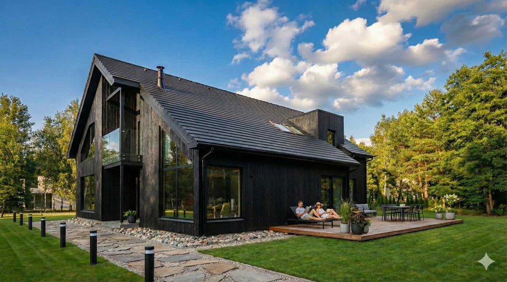 FuturaDom – dom szkieletowy z prefabrykatów drewnianych czarna elewacja z dużymi przeszkleniami i tarasem