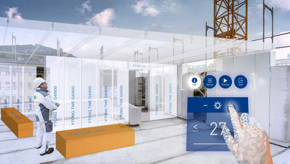 Wizualizacja montażu elementów Ytong w rozszerzonej rzeczywistości z interfejsem przypominającym pracę w goglach Microsoft HoloLens 2