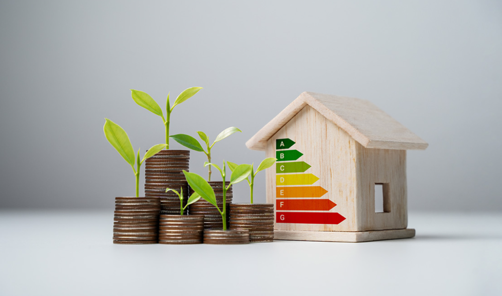 Stosy monet z wyrastającymi roślinami obok drewnianego domku z kolorową skalą efektywności energetycznej jako symbol oszczędności energii i kosztów w domu prefabrykowanym