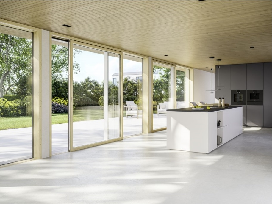 Przeszklona strefa dzienna z dużymi drzwiami tarasowymi HST Abakus Okna z napędem elektrycznym nowoczesne rodzaje drzwi przesuwnych tarasowych HST 