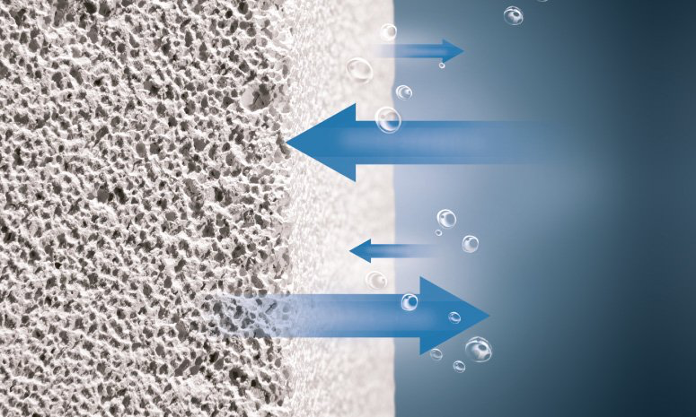 Struktura betonu komórkowego Ytong z niebieskimi strzałkami pokazującymi paroprzepuszczalność i oddychanie ściany
