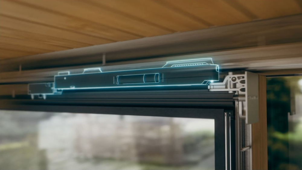 Napęd DRIVE axxent LS w górnej prowadnicy drzwi HST Abakus HS Electric rodzaje drzwi przesuwnych tarasowych 