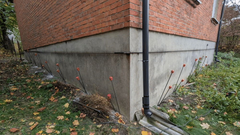 Przygotowanie fundamentu do iniekcji geopolimeru – rozmieszczone punkty iniekcyjne wokół budynku