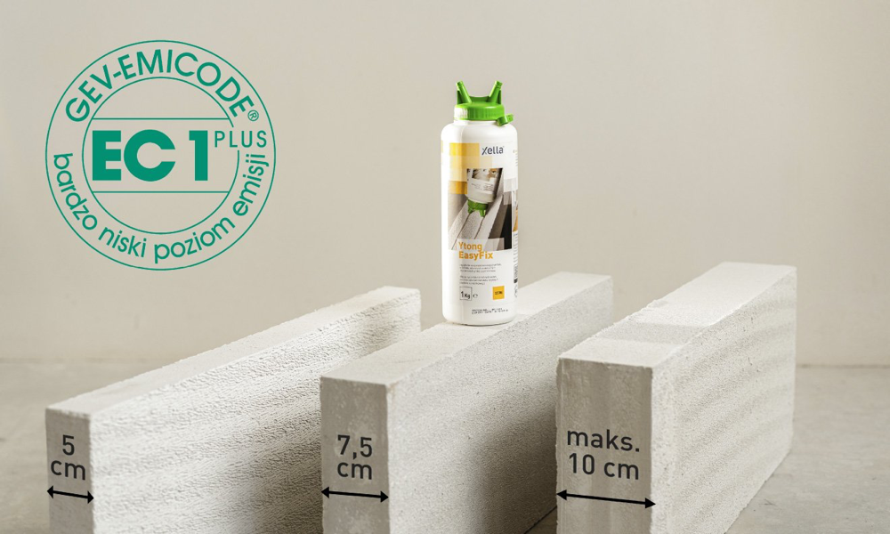 Ytong EasyFix – certyfikat EMICODE EC1 Plus, niska emisja LZO; bloczki 5 cm, 7,5 cm i maks. 10 cm