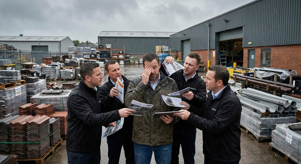 Doradcy techniczni branży dachowej prezentują oferty klientowi na terenie magazynu