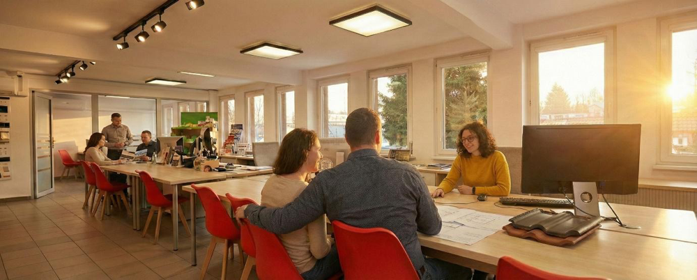 Doradcy techniczni branży dachowej omawiają oferty i dokumentację z klientem