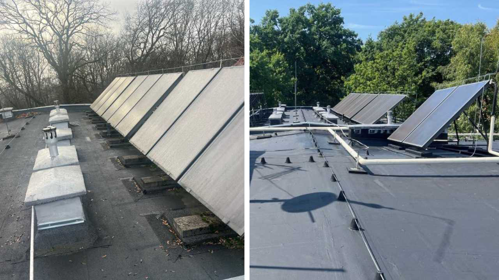 Renowacja dachu z papy bez demontażu paneli PV – 280–300 zł/m². Porównanie przed i po: hydroizolacja płynną gumą CWS.