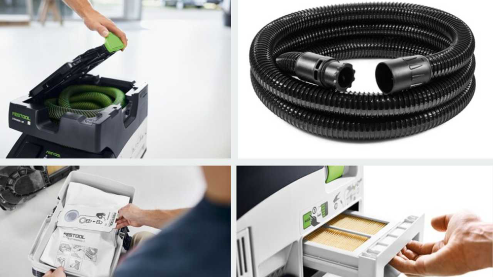 Odkurzacz do szlifowania gładzi – konfiguracja odsysania: wąż, worek i filtr w systemie Festool 