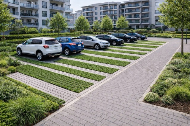 Zielony parking osiedlowy z eko kratki w systemie geoSYSTEM CITY z kostką brukową i trawą.