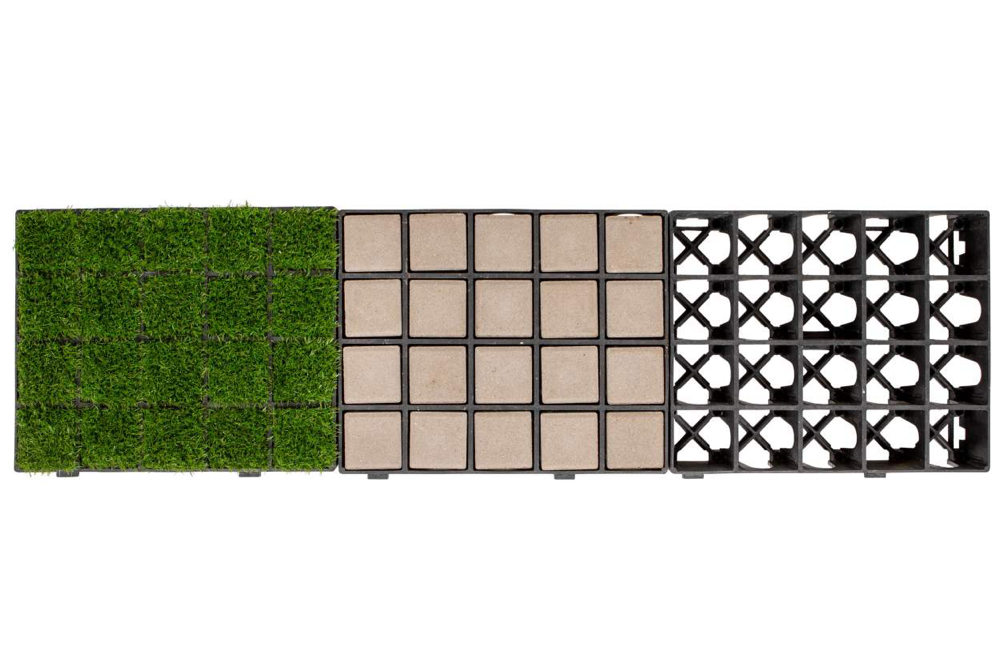 Moduł geoSYSTEM CITY. Oczka 10 × 10 cm pozwalają ułożyć kostkę o grubości 8 cm w pasach pod koła, a pozostałe komory wypełnić ziemią i trawą.