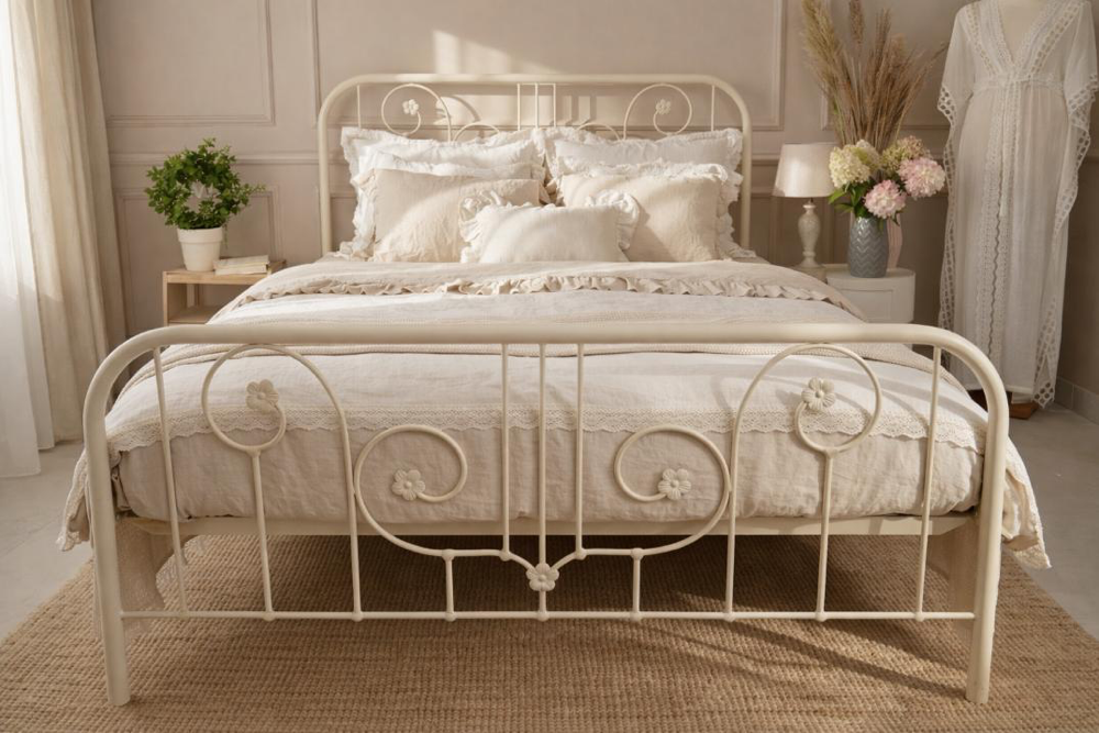 Jasne metalowe łóżko do sypialni z ozdobnym zagłówkiem i kremową pościelą w romantycznej aranżacji.