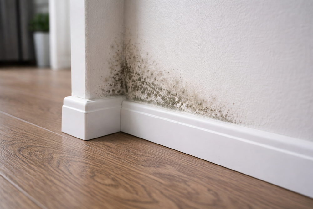 pleśń na ścianie po zalaniu – zawilgocenie przy listwie przypodłogowej