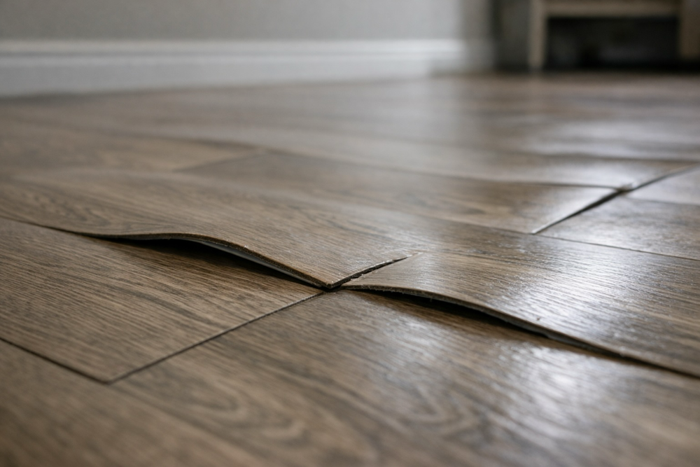 wybrzuszone panele podłogowe po zalaniu – uszkodzona podłoga przez wilgoć
