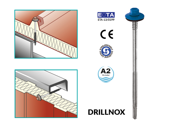 Grafika prezentująca łącznik bimetaliczny DRILLNOX ETANCO i sposób jego mocowania w środowiskach agresywnych (klasa C5 I/M)