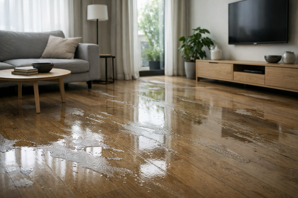 zalana podłoga w salonie – skutki zalania mieszkania w Krakowie