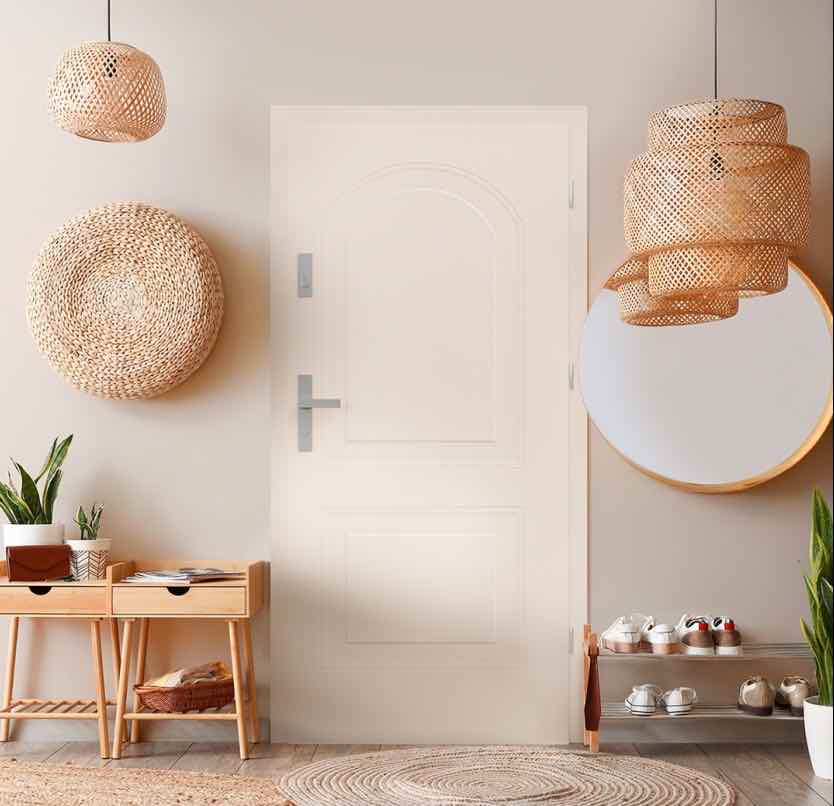 Białe drzwi antywłamaniowe do mieszkania w jasnym przedpokoju z rattanowymi dodatkami i dekoracyjnym lustrem.