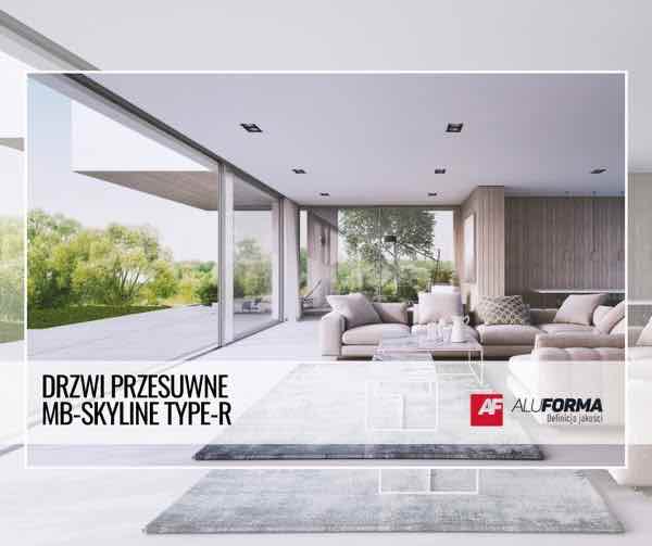Panoramiczne drzwi przesuwne MB Skyline Type-R Aluforma w jasnym, nowoczesnym wnętrzu