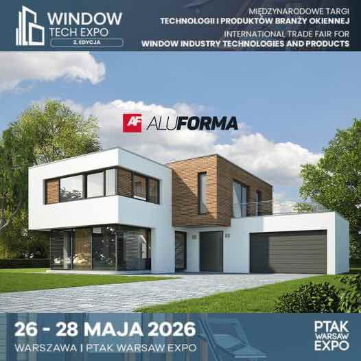 Plakat reklamujący Aluformę na targach Window Tech Expo 2026 jako producenta stolarki aluminiowej premium w Warszawie