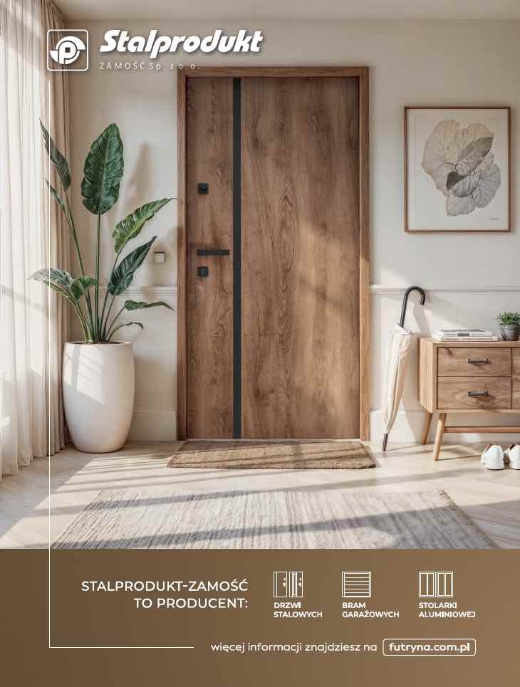 Drewnopodobne drzwi stalowe Stalprodukt-Zamość do mieszkania w jasnym holu z rośliną, komodą i dekoracją ścienną