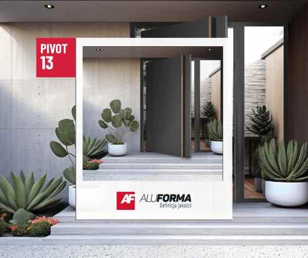 Drzwi PIVOT LINE 13 Aluforma w nowoczesnej strefie wejściowej domu z dużymi przeszkleniami