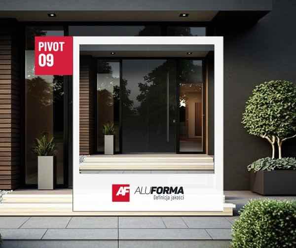 Drzwi wejściowe pivot LINE 09 Aluforma w minimalistycznej elewacji z ciemną stolarką aluminiową