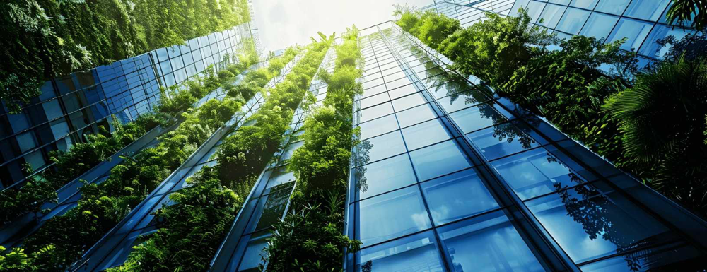 Szklana fasada Aluprof z zielenią jako przykład architektury wspierającej wymagania budynku energooszczędnego.