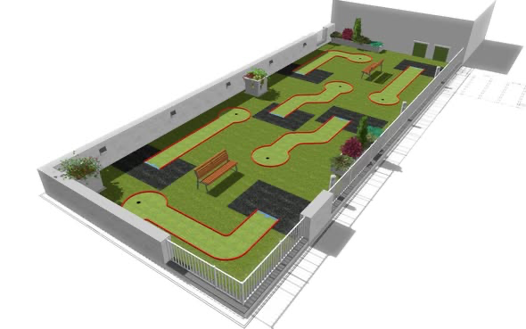 Wizualizacja projektu pola do minigolfa z torami, przeszkodami, ławkami i zielenią.