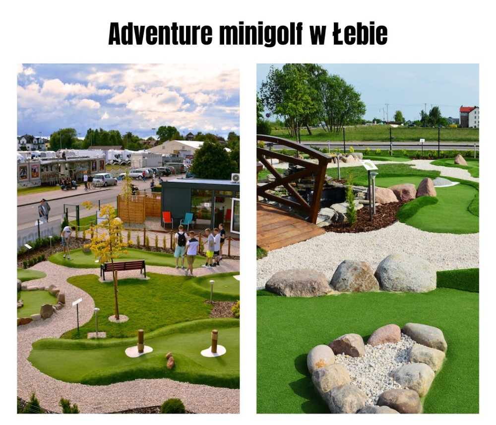 Pole do minigolfa Adventure w Łebie z zielonymi torami, kamieniami, ścieżkami i drewnianym mostkiem.