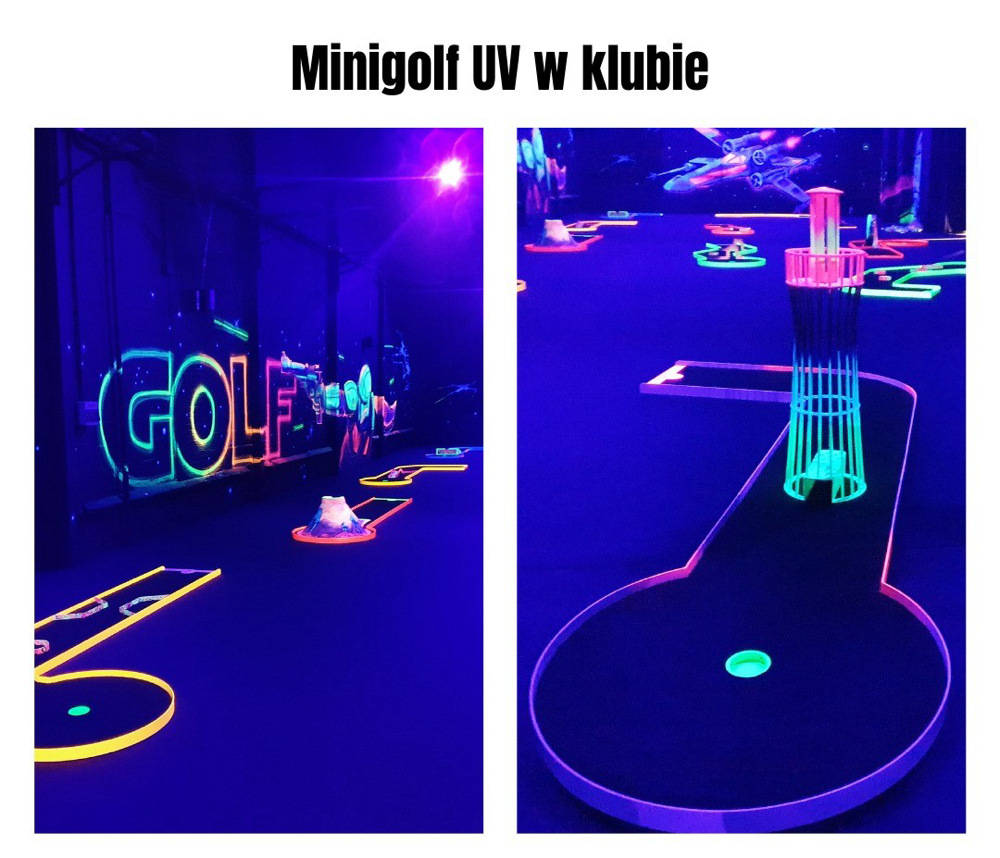 Tory do minigolfa UV w klubie, podświetlone neonowymi kolorami i światłem ultrafioletowym.