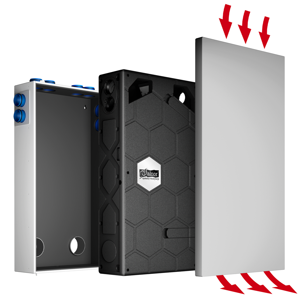 Rekuperator FlatAIR-Xwall Alnor z widoczną obudową, modułem wewnętrznym i króćcami do podłączenia systemu FLX.