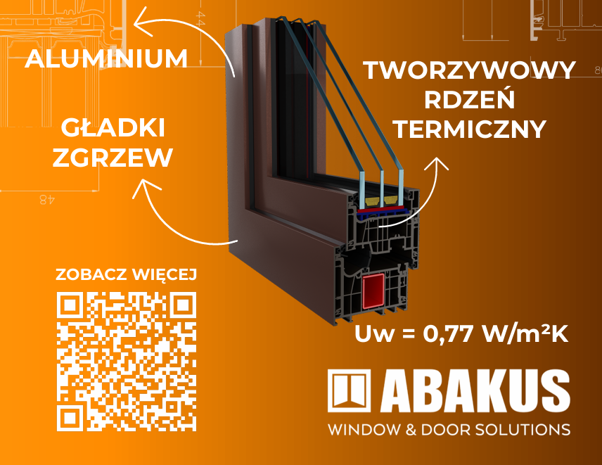 Infografika okna hybrydowego ABAKUS aluINSPIRE z aluminiowym wykończeniem, rdzeniem termicznym PVC i Uw 0,77 W/(m²·K).