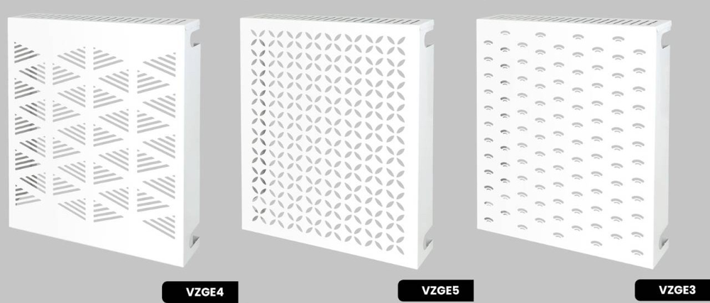 Trzy wzory perforacji metalowych osłon grzejnikowych P.W.M. Vogler – VZGE4, VZGE5 i VZGE3