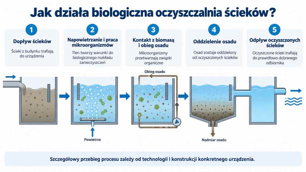 Schemat pokazujący etapy działania biologicznej oczyszczalni ścieków